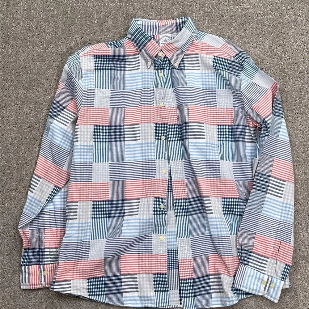 Brooks Brothers Shirt Men L Red Blue Check Plaid Gingham‎ OCBD Patchwork